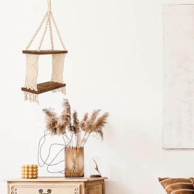 Boho Spiral,'Geometric-Themed Macrame Cotton and Wood Hanging Shelf'