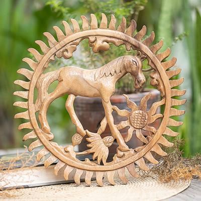Spring Horse,'Spring-Themed Sun-Shaped Suar Wood Horse Relief Panel'