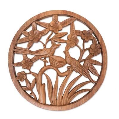 'Bird Floral and Leaf Relief Panel Hand-Carved from Wood'