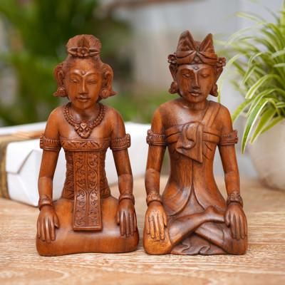 'Traditional Balinese 2-Piece Suar Wood Couple Sculpture Set'