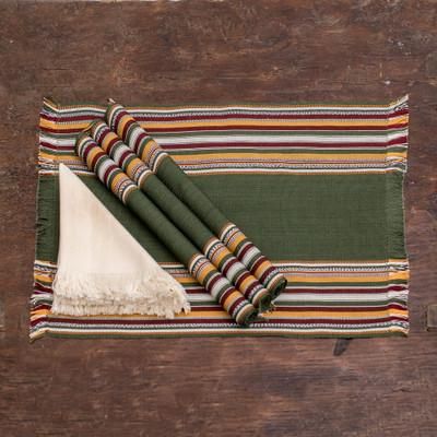 '4 Hand-Loomed Striped Green Cotton Placemat and Napkin Set'