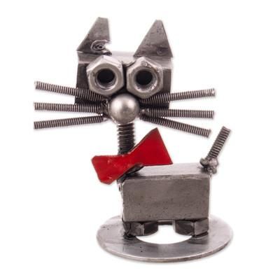 'Eco-Friendly Recycled Metal Figurine of a Cat with a Bow Tie'