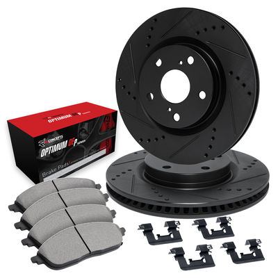 R1 Concepts Brake Disc & Pad Kit eLINE Black Rotors with Optimum OEp Pads Series, Front, 1 Year Limited Warranty WHUH1-76140
