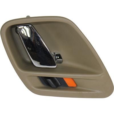 Replacement Interior Door Handle Beige bezel with chrome lever, Front or Rear, Passenger Side, 1-year unlimited-mileage