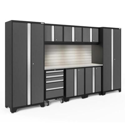 Newage Products Bold 3.0 Series 9-Piece Garage Cabinet Set, Grey / Stainless Steel Worktop / LED Lights + Slatwall Backsplash