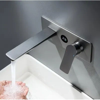 Digital display Gunmetal gray bathroom faucet intelligent single handle cold and hot dual control brass wall basin faucet