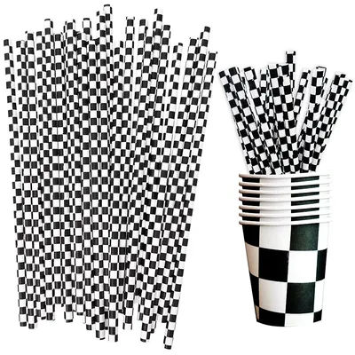 25pcs/Pack Checkered Flag Paper Straw and 10pcs/Pack Paper Cup Black White Racing Car Tableware Racing Birthday Party Decoration