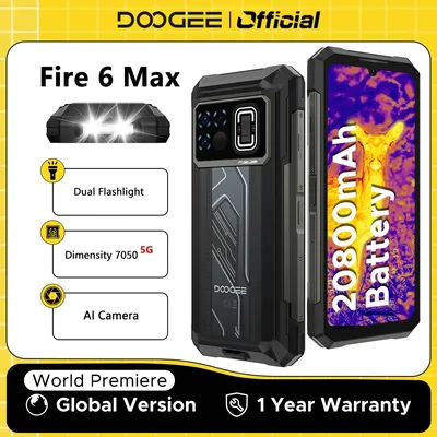 DOOGEE Fire 6 Max 5G Rugged Phone Dual Light Flashlight Dimensity 7050 6.72" Screen 8GB 256GB 20800mAh Battery Smartphone