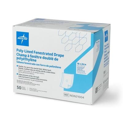 Medline Sterile Poly/Tissue Drapes with 2.75" Fenestration and White Backing, 18" x 26", 50/BX (NON21004Z)