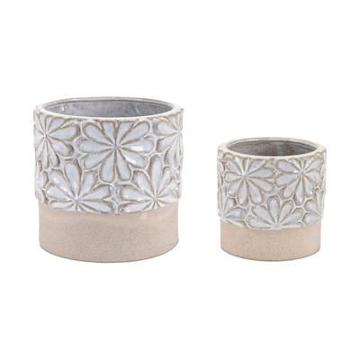 Ceramic Floral Planter (Set of 2) by Melrose in Grey/beige