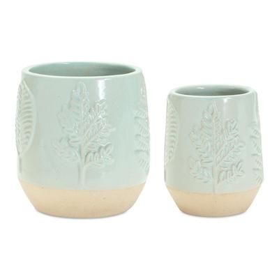Two-Tone Porcealin Planter with Leaf Design (Set of 2) by Melrose in Green/tan
