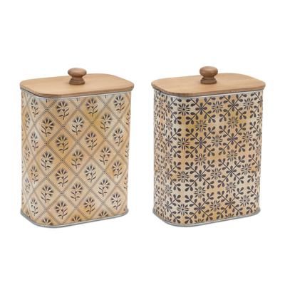 Geometric Canister with Natural Wood Lid (Set of 2) by Melrose in Black/beige