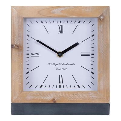 Square Fir Wood Clock Under Glass 9"H by Melrose in Brown/grey/white