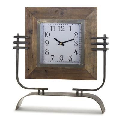 Clock On Stand 15" x 17.5"H Iron/Wood by Melrose in Brown