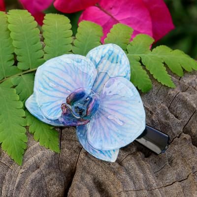 'Floral Resin-Coated Blue Orchid Stainless Steel Hair Clip'