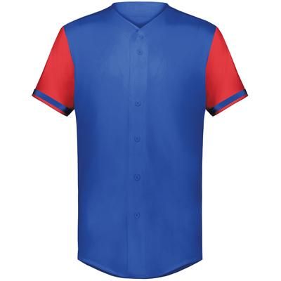 Augusta Sportswear 6910 Athletic Youth Cutter+ Full Button Baseball Jersey T-Shirt in Royal/Scarlet size XL | Polyester/Spandex Blend