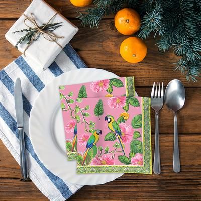 TEMU 20pcs Vibrant Parrot & Floral Disposable Napkins, 2-ply Decorative Paper Towels For Parties, Weddings, And Festive Table Settings, Pink Background With Green Leaves &