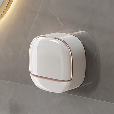 TEMU 1pc Waterproof Soap Dish With Cover, No-drill Wall-mounted Soap Holder, Premium Drainage Bathroom Soap Rack, Rectangular Bathroom Accessory, Home Decor