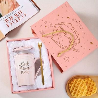 TEMU Gift Ever Ceramic Coffee Mug With Lid & Spoon - Insulated Microwave-safe Porcelain Cup, Elegant Pink Marble Print & Golden , Reusable Gift Box For Day, Birthday, Christmas, Coffee Cup