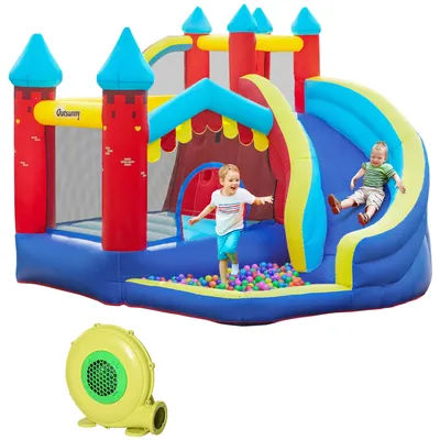 Outsunny Kids Bouncy Castle w/ Slide, Pool, Trampoline, Climbing Wall, Blower
