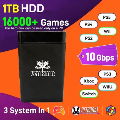 1TB For PS4/Xbox/PS3/PS2/PS1 Launchbox & RetroBat & Playnite System 3-in-1 Game HDD with AAA &3D & Retro Games