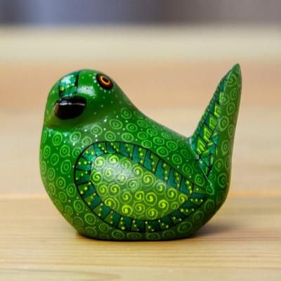 'Hand-Painted Green Copal Wood Mockingbird Alebrije Figurine'