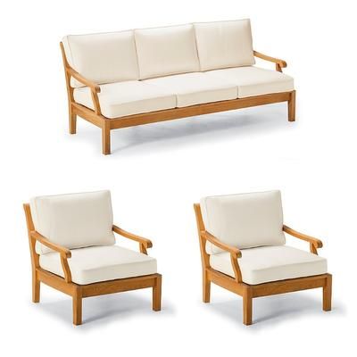 Cassara 3-pc. Sofa Set with Two Lounge Chairs in Natural Teak - Sunbrella Rain, Rain Cobalt - Frontgate