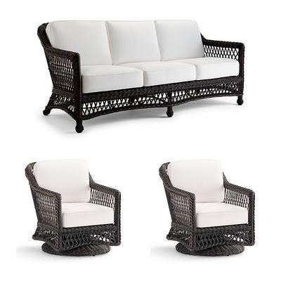 Hampton 3-pc. Sofa Set with Two Swivel Lounge Chairs in Black Walnut Wicker - Standard, Vista Boucle Vanilla - Frontgate