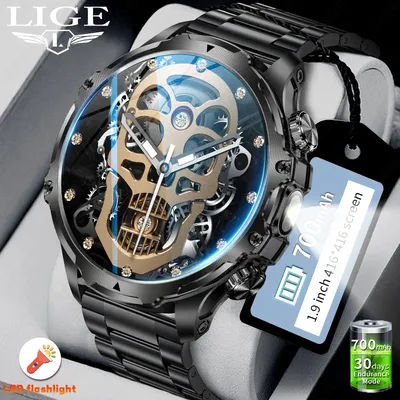 LIGE 2025 montre intelligente extérieure hommes 700mah grande batterie montres militaires lampe de poche 1.9 ''HD Bluetooth appel sport Smartwatch homme