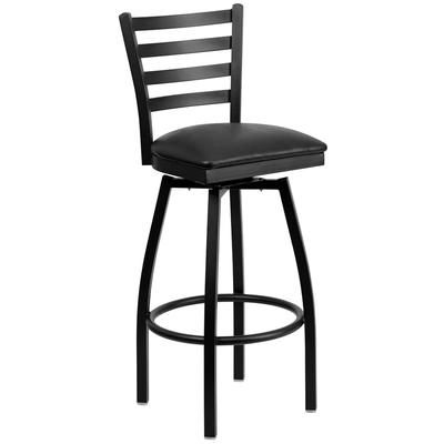 MoTak M019 Swivel Commercial Bar Stool w/ Ladder Back - Black Vinyl Seat, Black Powder Coated Steel