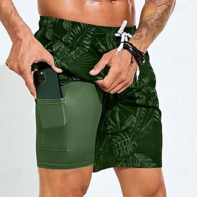 Per uomo Foglia di palma Piante Tropicali Pantaloncini foderati Pantaloncini da bagno 2 in 1 Pantaloncini da mare Misura del girovita medio Hawaiano Vacanza Ferie Abbigliamento mare Tasche Laterali