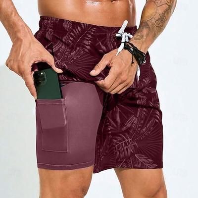 Per uomo Foglia di palma Piante Tropicali Pantaloncini foderati Pantaloncini da bagno 2 in 1 Pantaloncini da mare Misura del girovita medio Hawaiano Vacanza Ferie Abbigliamento mare Tasche Laterali
