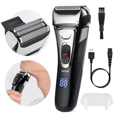 TEMU Men's Electric Shaver, 3-head Reciprocating With Temple Trimmer, Display, Usb Rechargeable, Steel Material, Washable, ≤36v, 600mah Battery, 60+ Minutes - Ideal Christmas Gift For Men