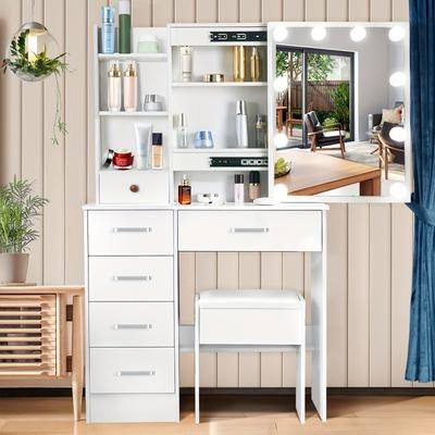 TEMU Makeup Table Set, White Dressing Table With Sliding Mirror And Stool For Home Bedroom, 7 Shelves, 5 Drawers - Very Suitable For Bedrooms, Living Rooms, As Gifts, Etc