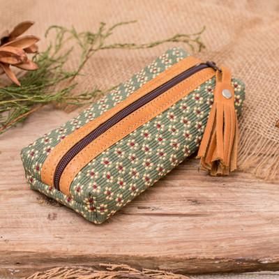 Field Flowers,'Floral Green 100% Cotton Pencil Case with Leather Accents'