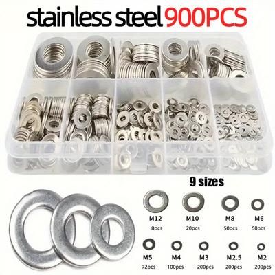 TEMU 900pcs, Stainless Steel Washer Plain Washer Kit Screw Fastener Hardware Assortment Accessories M2/m2.5/m3/m4/m5/m6/m8/m10/m12