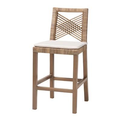 Poltak Modern Bohemian Grey Natural Kubu Rattan And Mahogany Wood Counter Stool by Bali & Pari in Grey Taupe