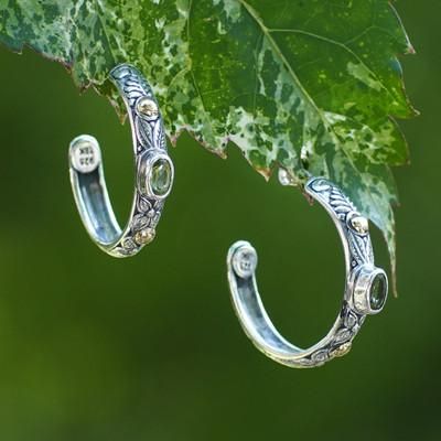 'Leafy Peridot Half-Hoop Earrings with 18k Golden Accents'