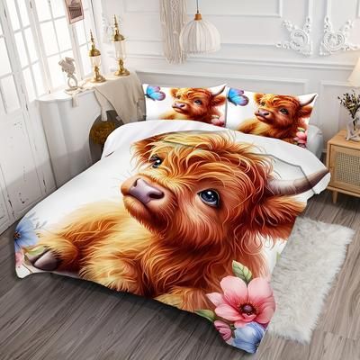 TEMU 2/3pcs Animal Theme Bedding Set, White Flowers And Scottish Highland Cows, Digital Printed Duvet Cover Set, Zipper Design, Machine Washable, Fade Resistant, Polyester .00