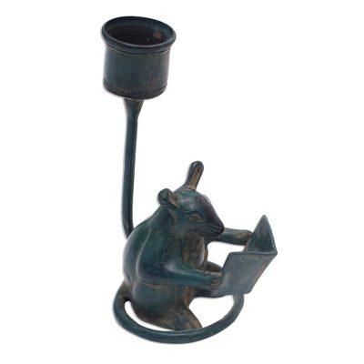 Studious Mouse,'Antiqued Candle Holder Bronze Mouse Figurine from Bali'