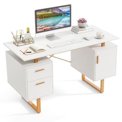 TEMU Goflame Computer Desk Home Office Desk With Floating Desktop-white, Dual Drawers, Enclosed Cabinet, Magnetic Door Closure, Adjustable Foot Pads