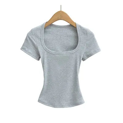 Haut court d'été à col carré pour femmes, haute élasticité, manches courtes, sexy, coupe cintrée, pull, chemise de base