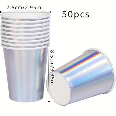 TEMU 50pcs Iridescent Paper Cups Coffee Cups Hot Cold Drinks Tea Milk Juice Chocolate Silvery White Cup Holographic Rainbow Party Decorations Picnic Home Birthday Anniversary Christmas