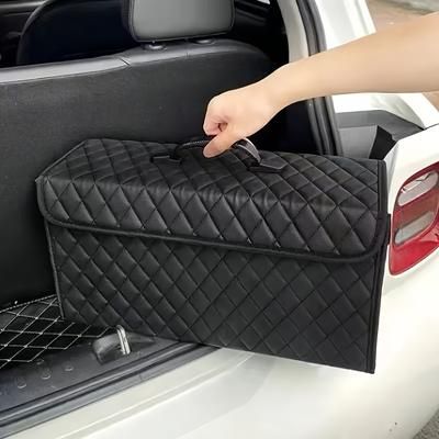TEMU Luxury Leather Car Trunk Organizer - Foldable Storage Box With Multiple Compartments, Toolbox, And Secure Latch For Vehicle Organization, In Pink, Green, Black, And Beige, Trunk Organizers And