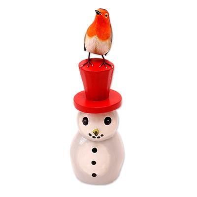 Waiting for Spring,'Suar Wood Bird Statuette with Snowman Motif'