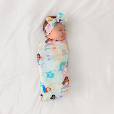 Mystic Mermaids Swaddle & Luxe Baby Girl Soft & Stretchy Bamboo Bow Headbands Set - OSFA