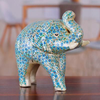Blue Bloom Trunk,'Blue Papier Mache Elephant Sculpture with Floral Details'