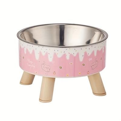 TEMU Fashion Cartoon Design Pet Bowl, High Foot Neck Protector, Stainless Steel And Plastic, For Cat