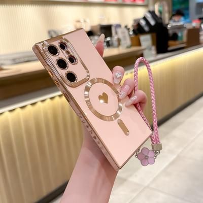 TEMU Mobile Phone Case With Magnetic Solid Heart Electroplating + Short Rope Mobile Phone Bracelet Suitable For For Phones S22 S23 S24 S25u