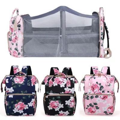 3 in 1 Diaper Bag Backpack Foldable Baby Bed Waterproof Travel Bag with USB Charge Diaper Bag Backpack with Changing Bed 3 Types